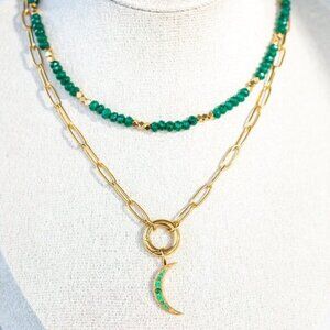 BUNDLE Gorgeous Green Beaded Necklace & Moon Pendant Waterproof Non-tarnish Gold
